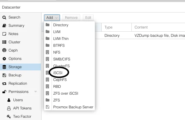 Choix de l'option iscsi dans l'interface