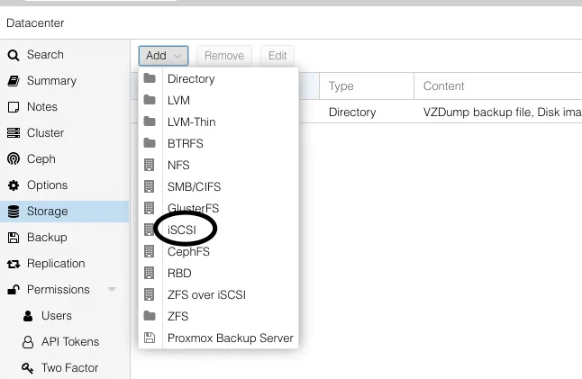 Choix de l’option iscsi dans l’interface